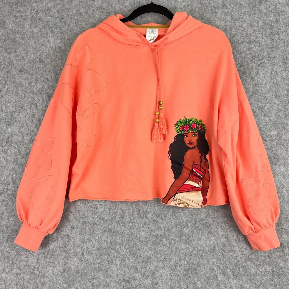 Disney Moana Sweatshirt Womens Large Orange Cropped Oversized Embroidered Tassel